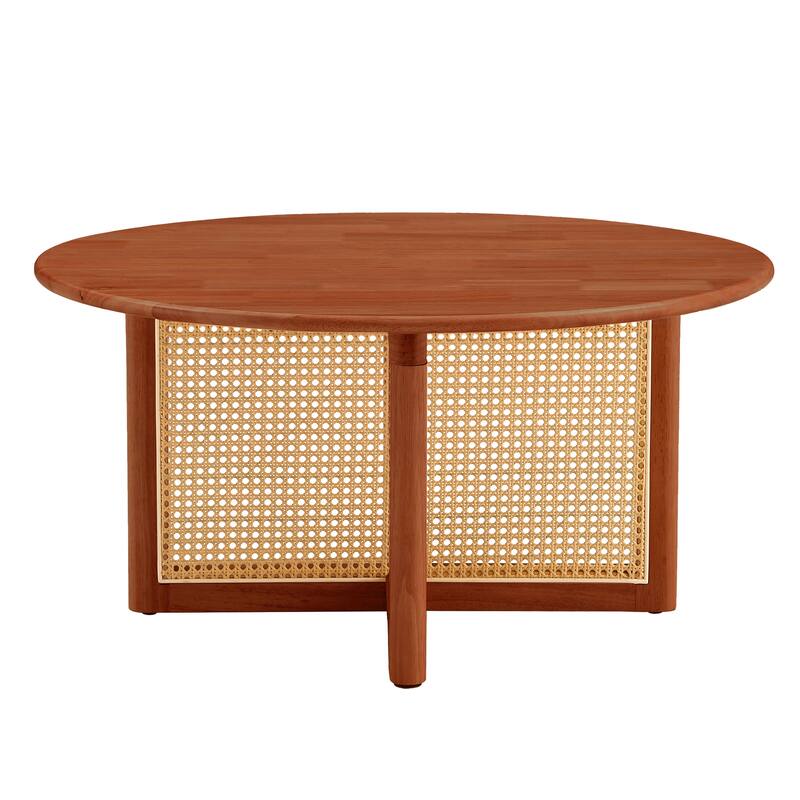 33.5" Modern Round Coffee Table with Artificial Rattan Decorations for Living Room