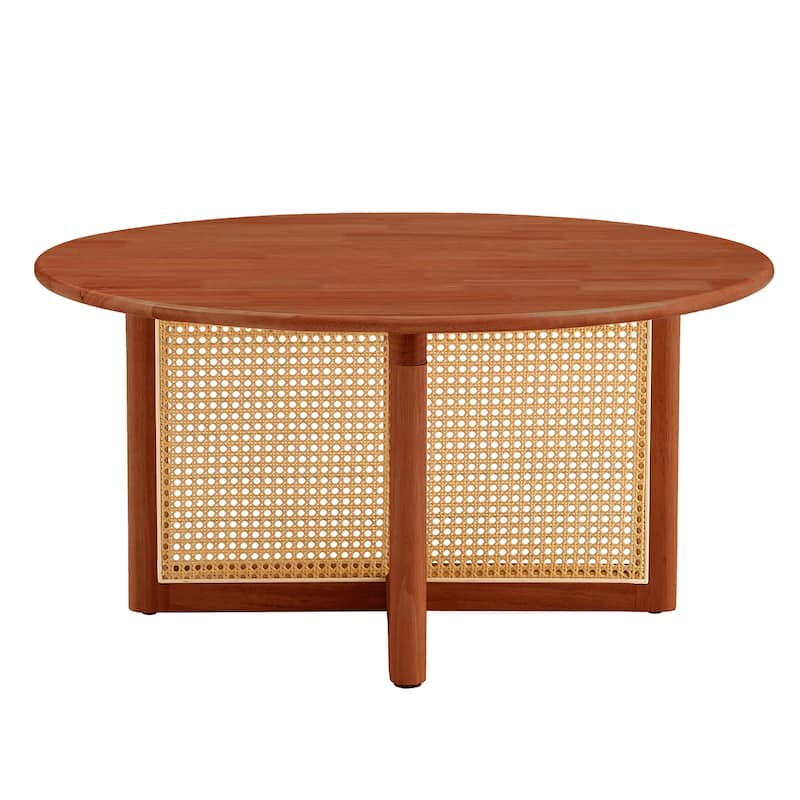 A natural and elegant deep red wooden coffee table with artificial rattan decorations