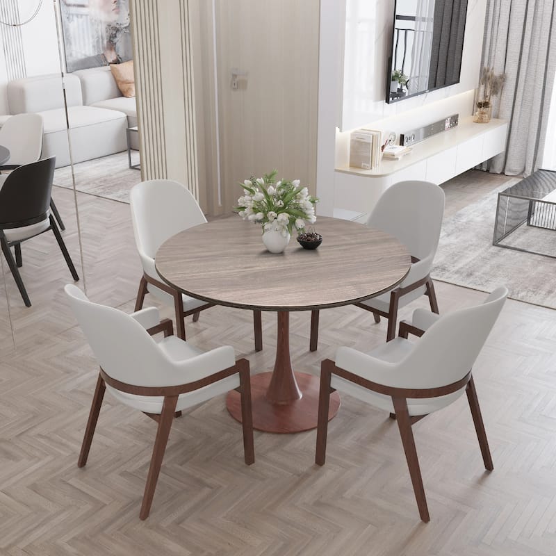 Bristol Round Dining Table 36 in. MDF Tabletop in Walnut Steel Pedestal Base for Modern Kitchen and Dining Room