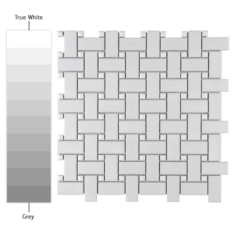 Merola Tile Metro Basketweave White w/ Glossy White Dot 11-3/4" x 11-3/4" Porcelain Mosaic Floor and Wall Tile