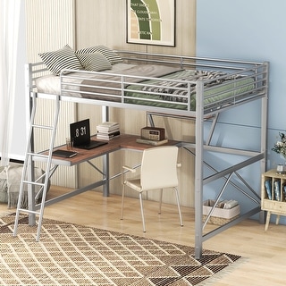Silver Full Loft Bed with Desk & Shelf, Metal & MDF