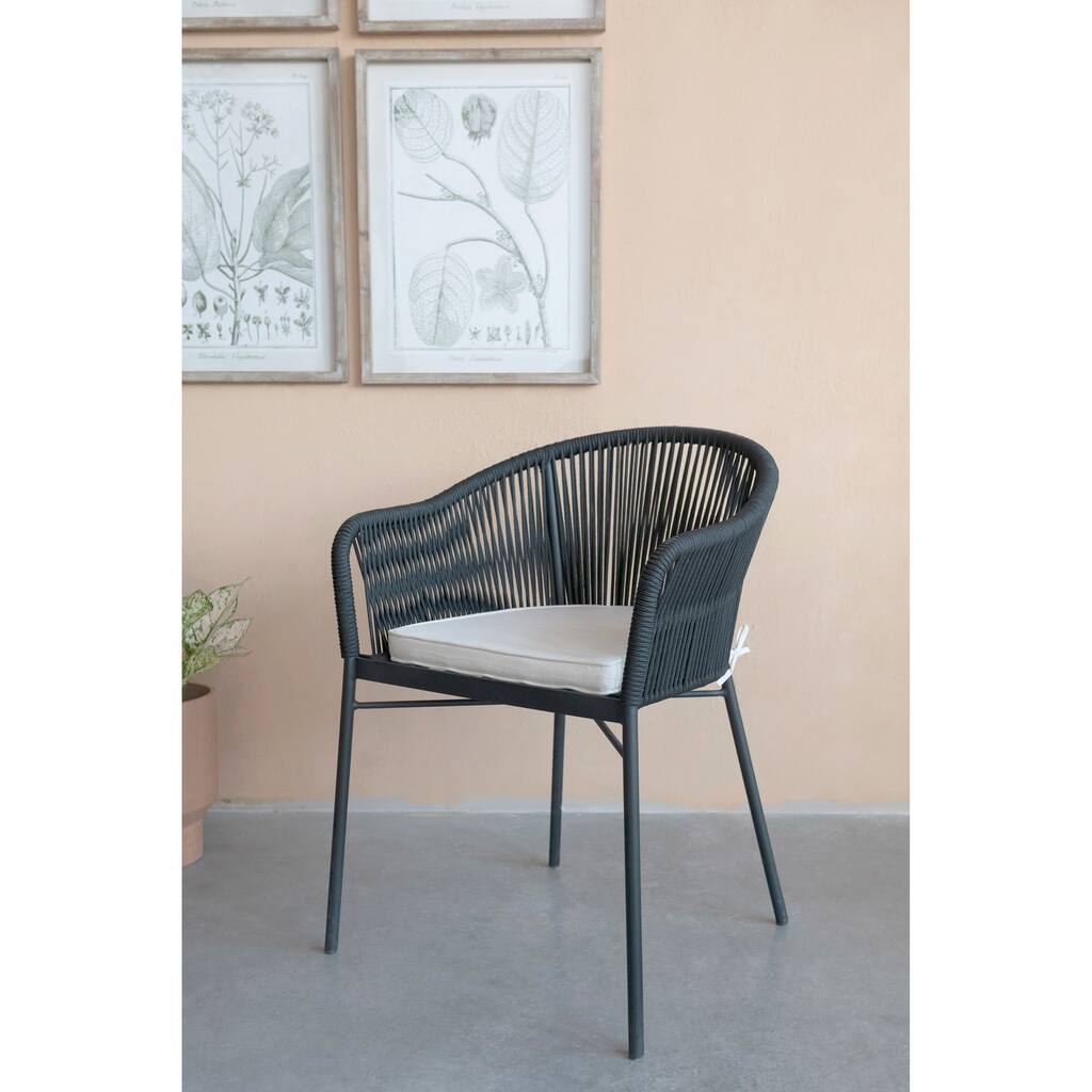 Metal and Woven Rope Indoor/Outdoor Chair with Cream Color Cushion - 20.5"L x 20.1"W x 31.5"H