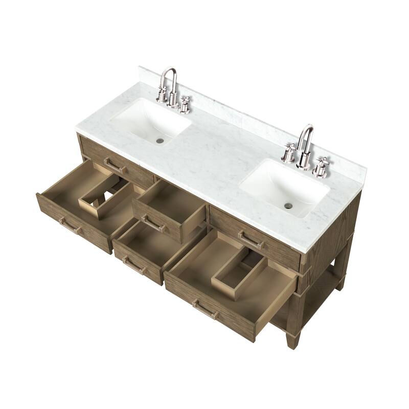 Lexora Norwalk Bath Vanity, Carrara Marble Top, Faucet Set, and Mirror
