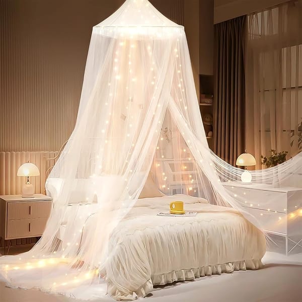slide 2 of 25, YEERSWAG Elegant Princess Bed Canopy Bed Curtain Nets with Luminous Stars Lights White
