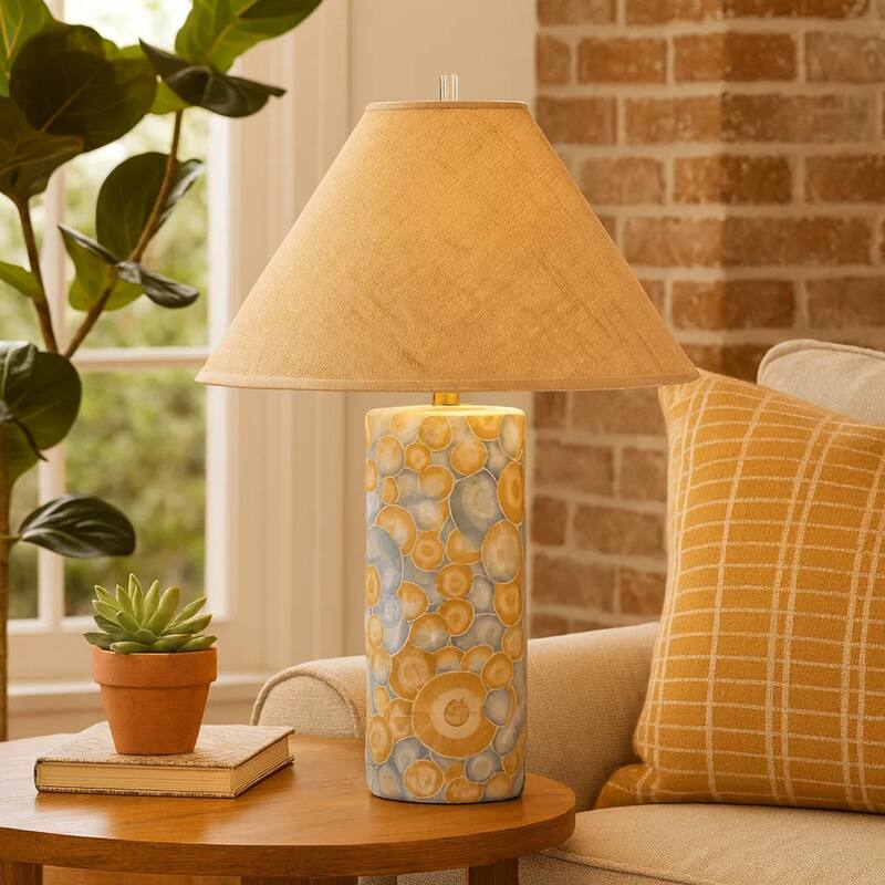 Eriy Accent Table Lamp, Brown Raffia Cone Shade, Blue Abstract 29 Inch