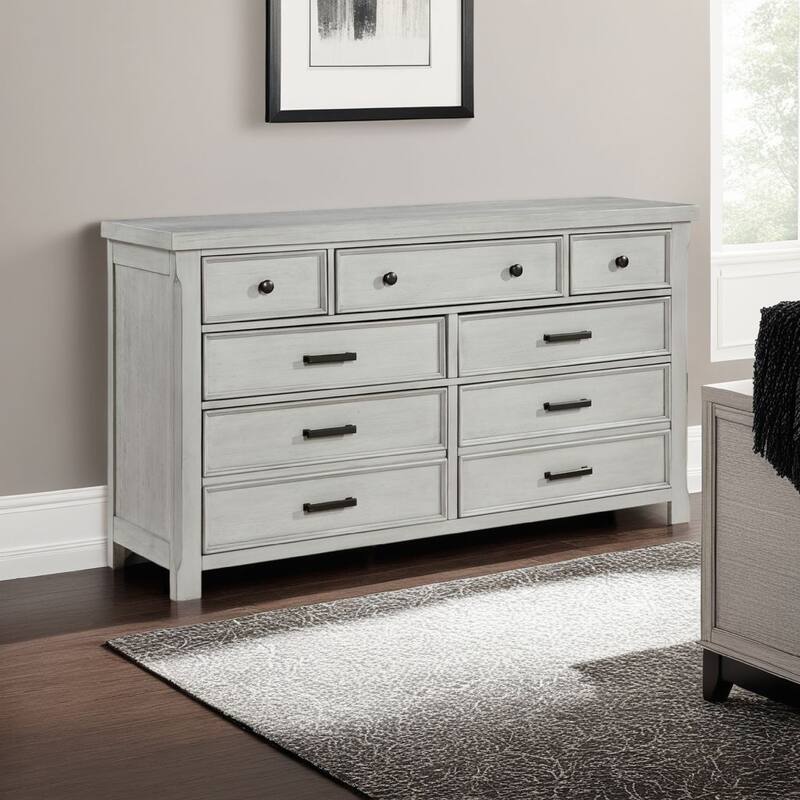 Brok 67 Inch Dresser, 7 Drawers, Light Gray Acacia, Black Bar Handles