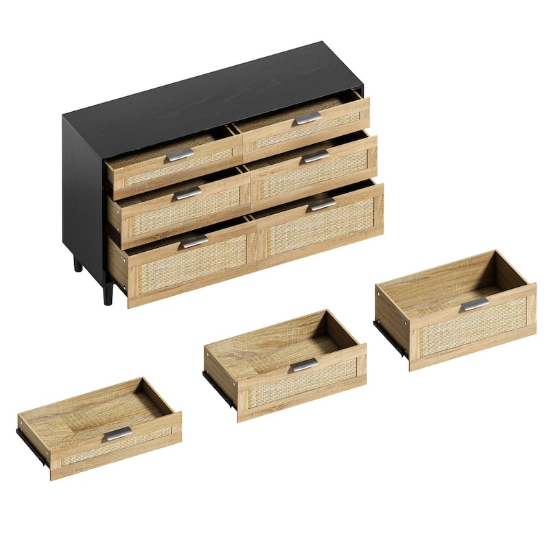 Mid-Century Modern Rattan Dresser, 6-Drawer Wicker Bedroom Dresser, Storage Cabinet with Metal Handles & Wood Legs