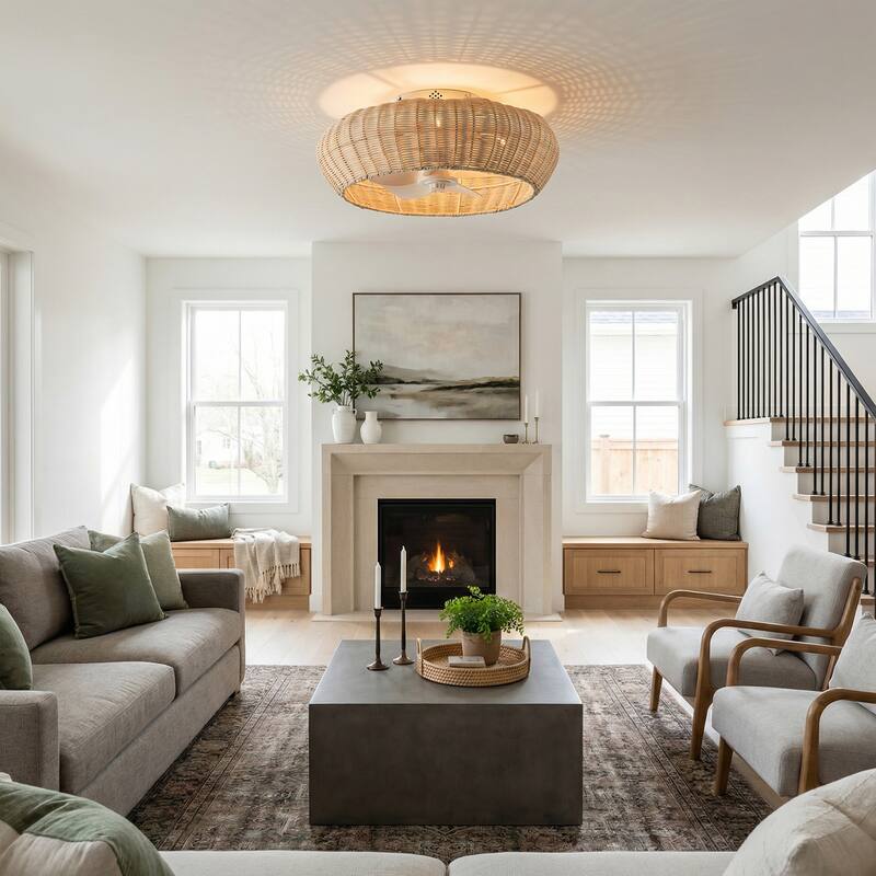 20-inch Boho Distressed White Chandelier Flush Mount Ceiling Fan with Remote and Hand-Woven Rattan Shade - 19.7" W x 7.08" H