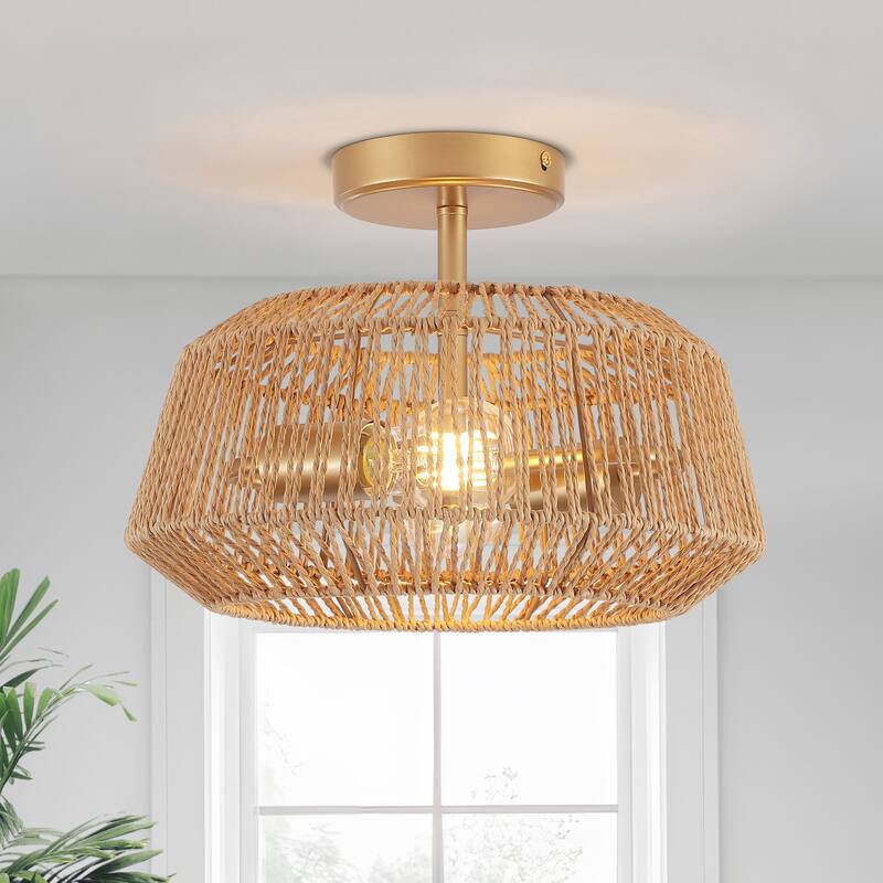 Starsky 2-Light Modern Bohemian Ceiling Light Drum Semi Flush Mount with Natural Handmade Rope Paper Shade