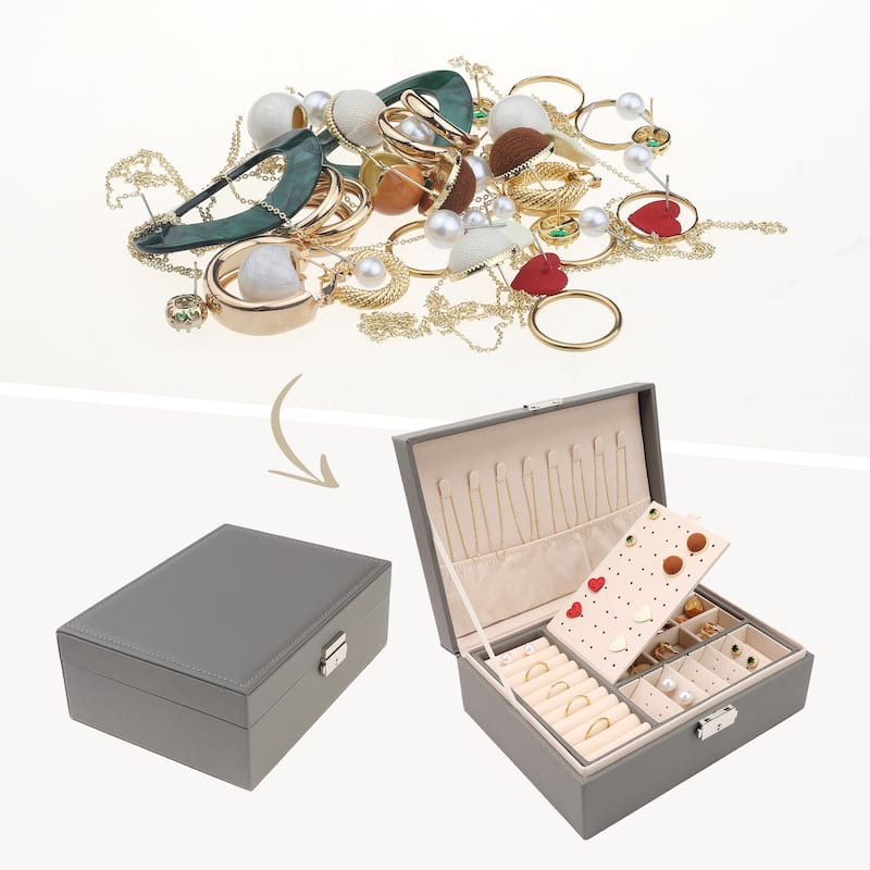 2 Layer Jewelry Box for Girl Women Birthday Gifts, PU Leather Jewelry Organizer Case Storage with Drawer, Removable Jewelry Tray - Grey
