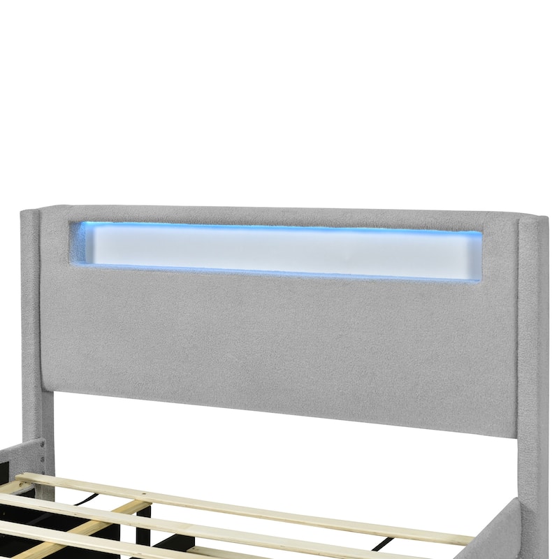 HomeRoots Light Gray Tufted Boucle Lighted Full Bed Frame With Trundle And USB And Drawers