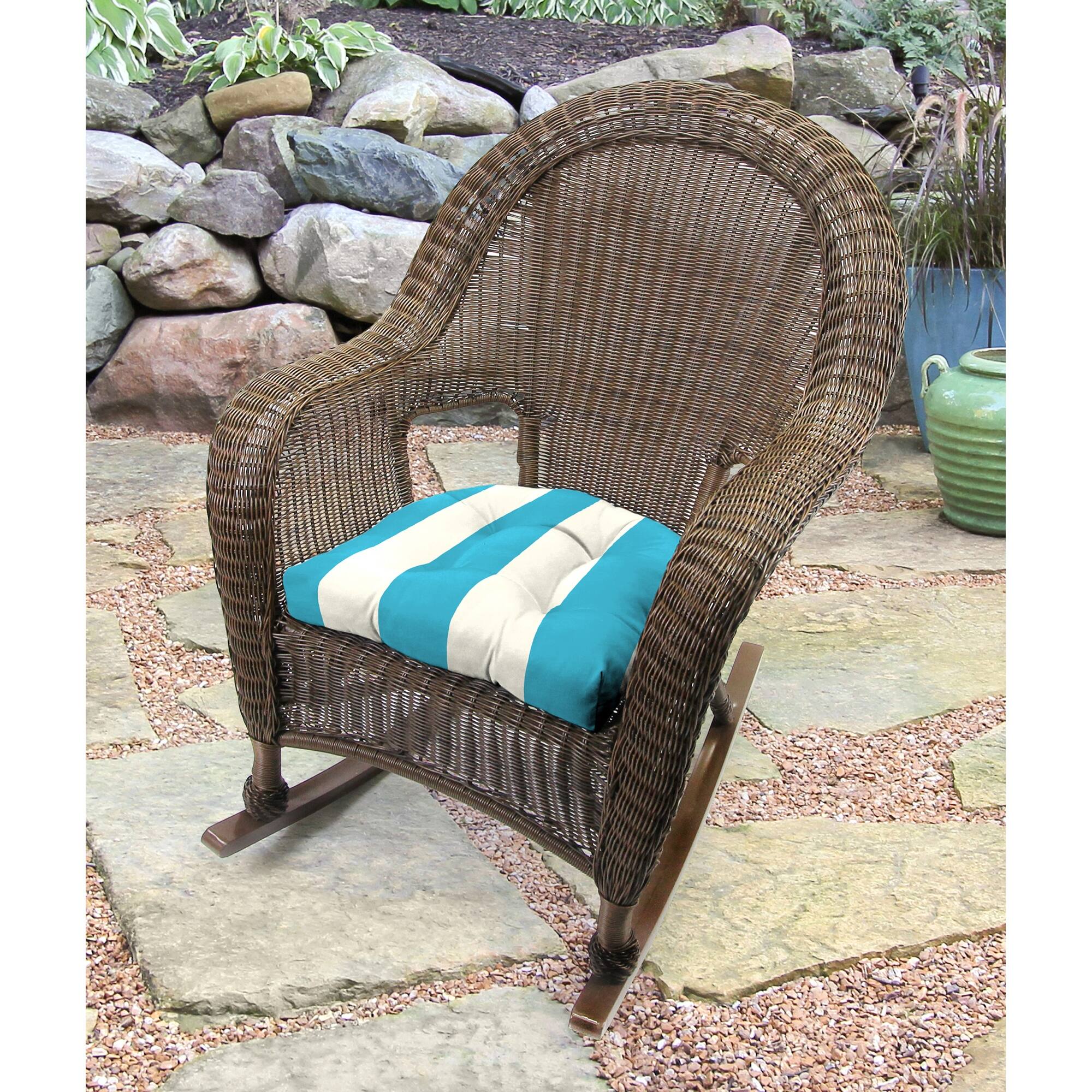 18" x 18" Turquoise Stripe Tufted Contoured Outdoor Wicker Seat Cushion