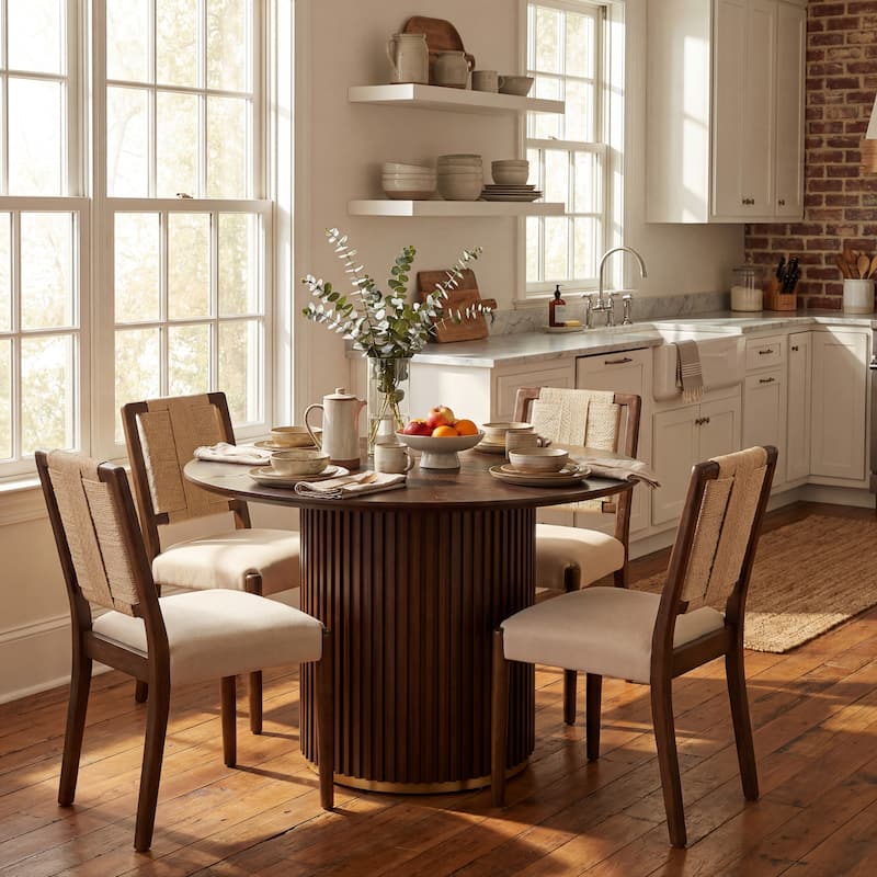 Christopher Knight Home - Modern 5 Piece Wooden Dining Set with Woven Back Upholstered Chairs