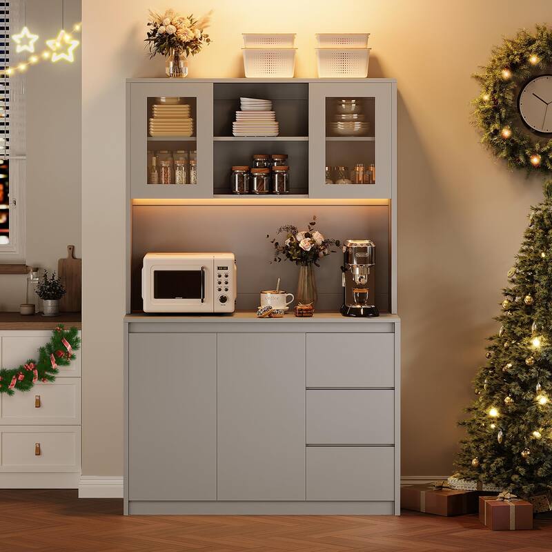 71" Pantry Cabinet with Charging Station,Tall Kitchen Pantry Storage Cabinet with Led Lights - Grey