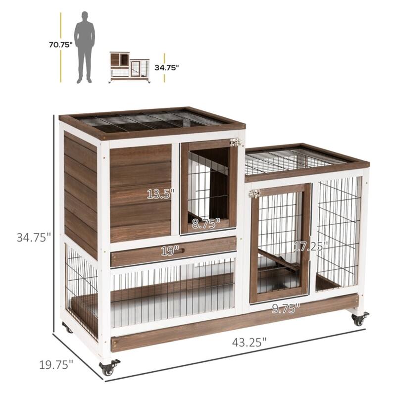Medium Fir Wood Bunny Hutch with Wheels Pull Out Trays and Spacious Run for Indoor and Outdoor Use