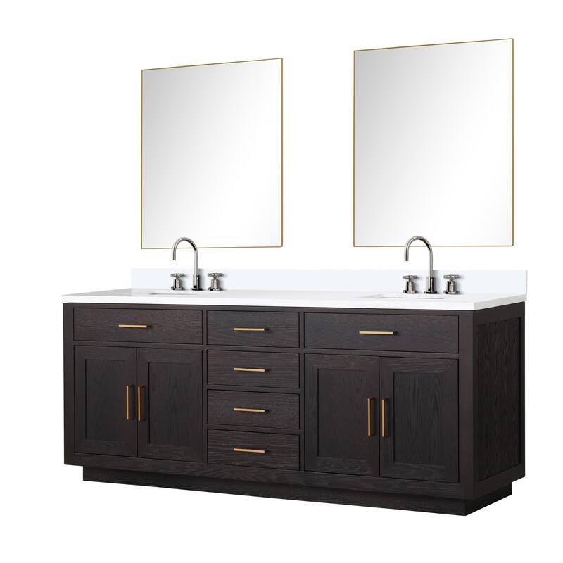Abbey 60 in W x 22 in D Black Oak Double Bath Vanity, Cultured Marble Top, Faucet Set, and 28 in Mirrors