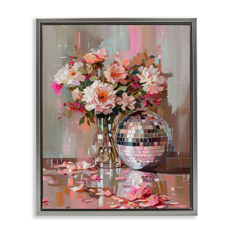 Stupell Disco Ball & Flowers Still Life Framed Floater Canvas Wall Art Design By Arlington Prints - 25 x 31 - Grey