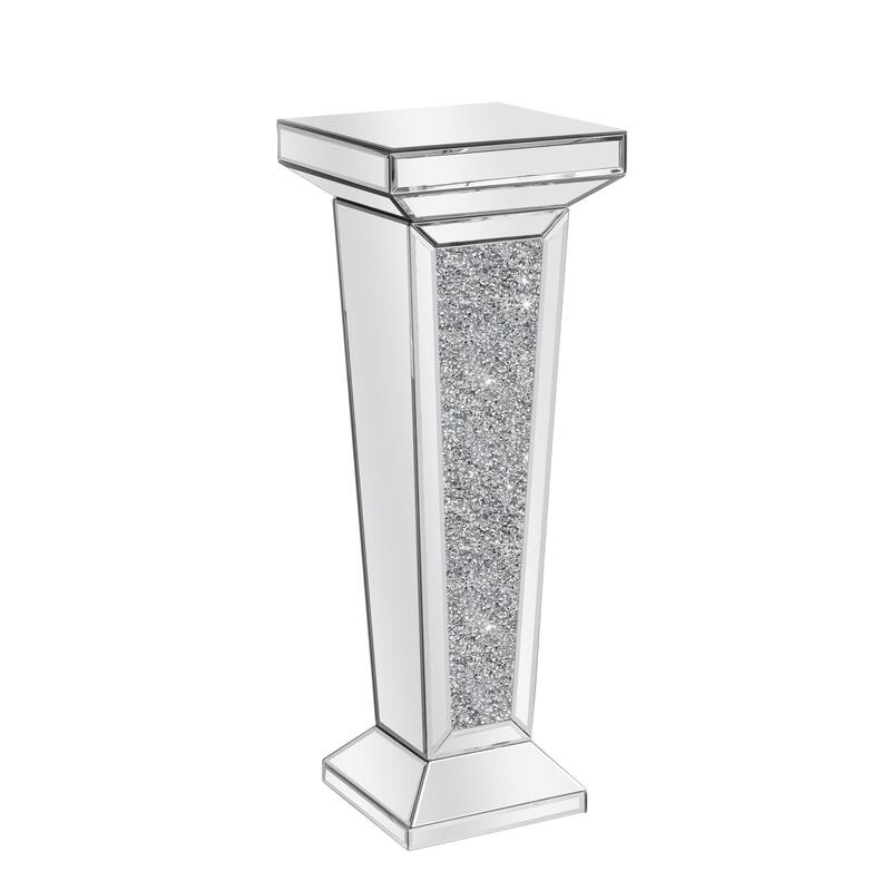 HomeRoots 35" Silver Mirrored Glass And Faux Crystals Pedestal Accent Table - 12.60 in. x 35.43 in. x 10.24 in.