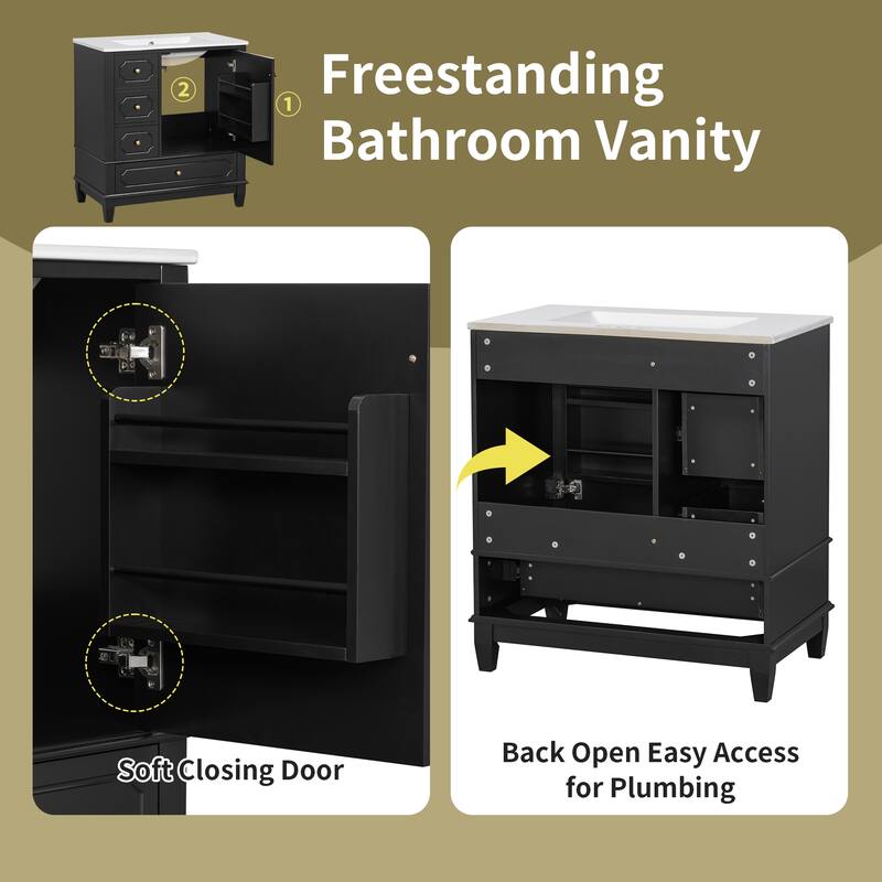 Roomfitters 30" Bathroom Vanity with Sink, Solid Wood Frame, 3 Drawers & Soft-Close Door with Storage Racks