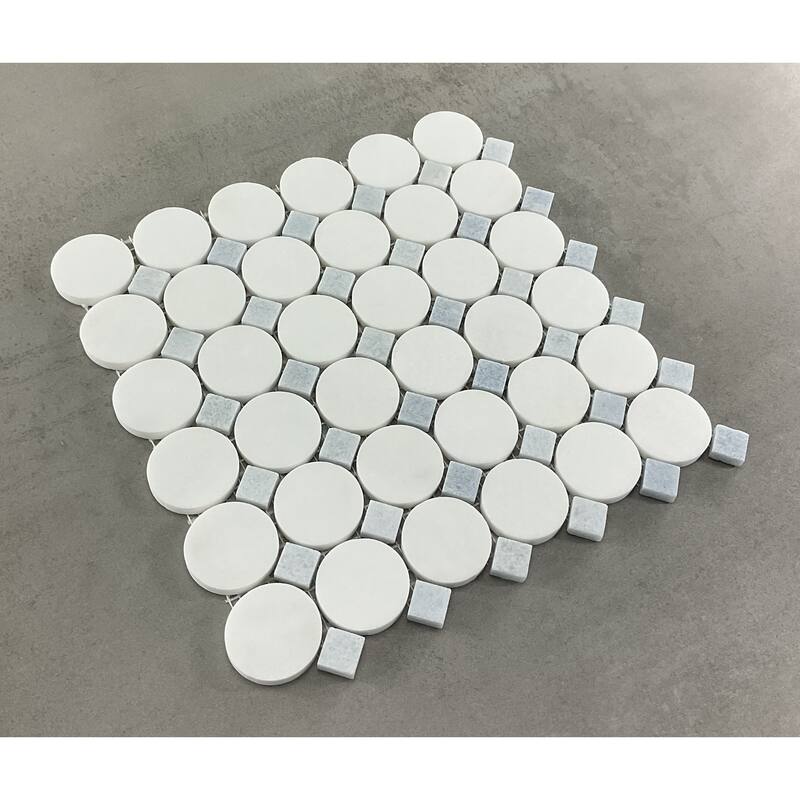 ES STONE - 1 3/4" Thassos White Marble Circle With Dot Mosaic Floor And Wall Tile - Case (10 Sheets)