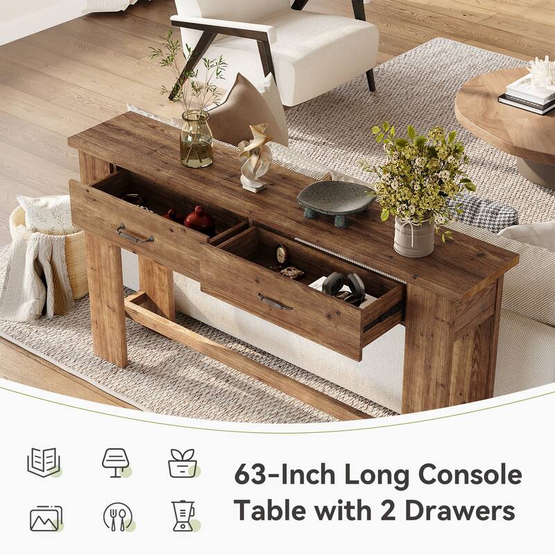 63" Solid Wood Console Table, Entryway Table with Storage