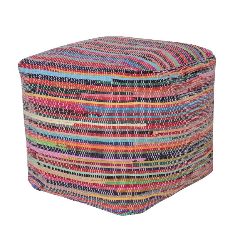 HomeRoots 18" Red Cotton Cube Striped Pouf Ottoman