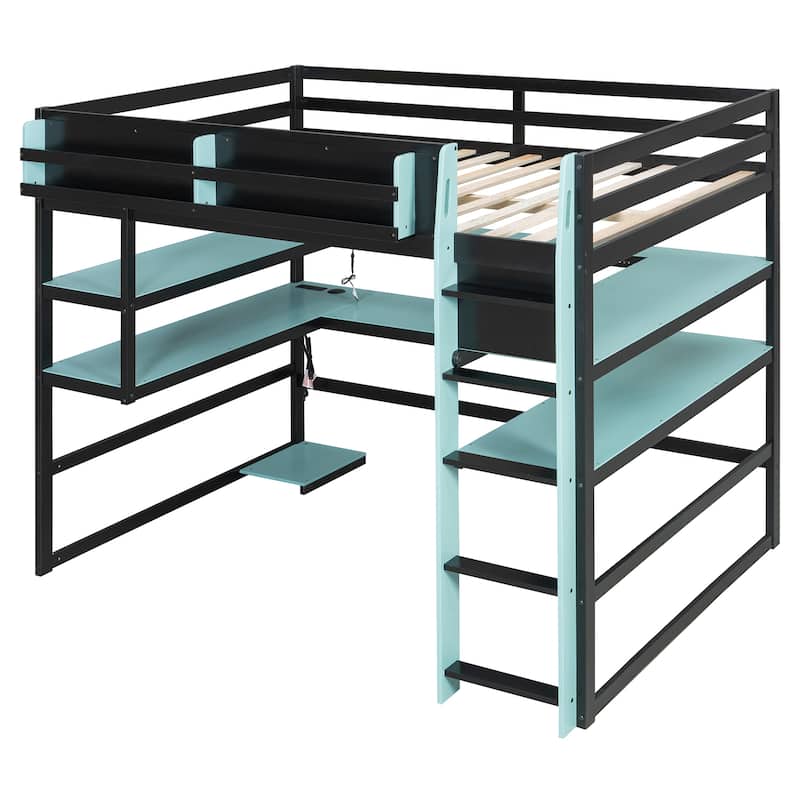 Loft Bed with Wraparound Study Hub, Side Storage Rack, USB Charging & RGB Light by Harper&Bright Designs