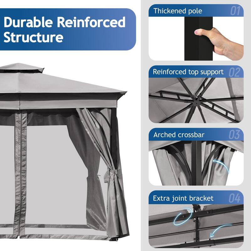 10x10 Outdoor Gazebo Tent with Double Roofs, Patio Gazebo with Mosquito Netting and Privacy Screens