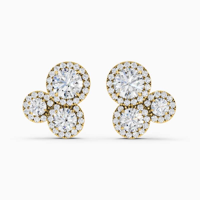 14K Gold Round Halo Three Stone Lab Grown Diamond Fashion Earrings 2.98 CTTW - Yellow