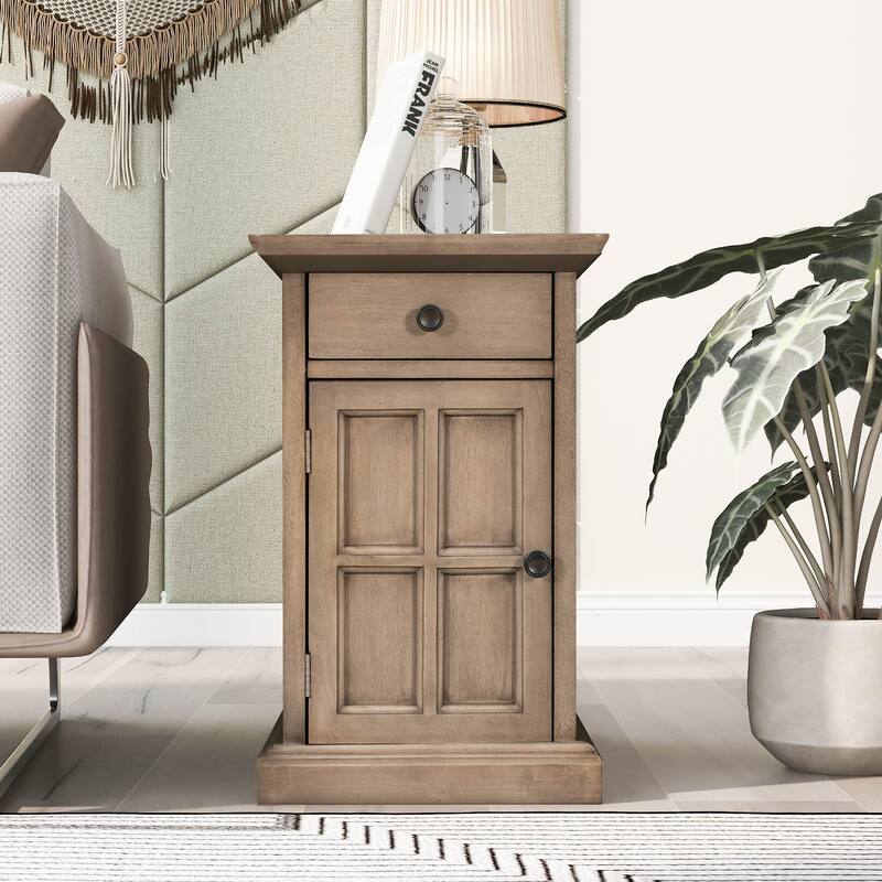 14" Vintage Rectangular Solid Wood End Table with USB Ports and One Multifunctional Drawer