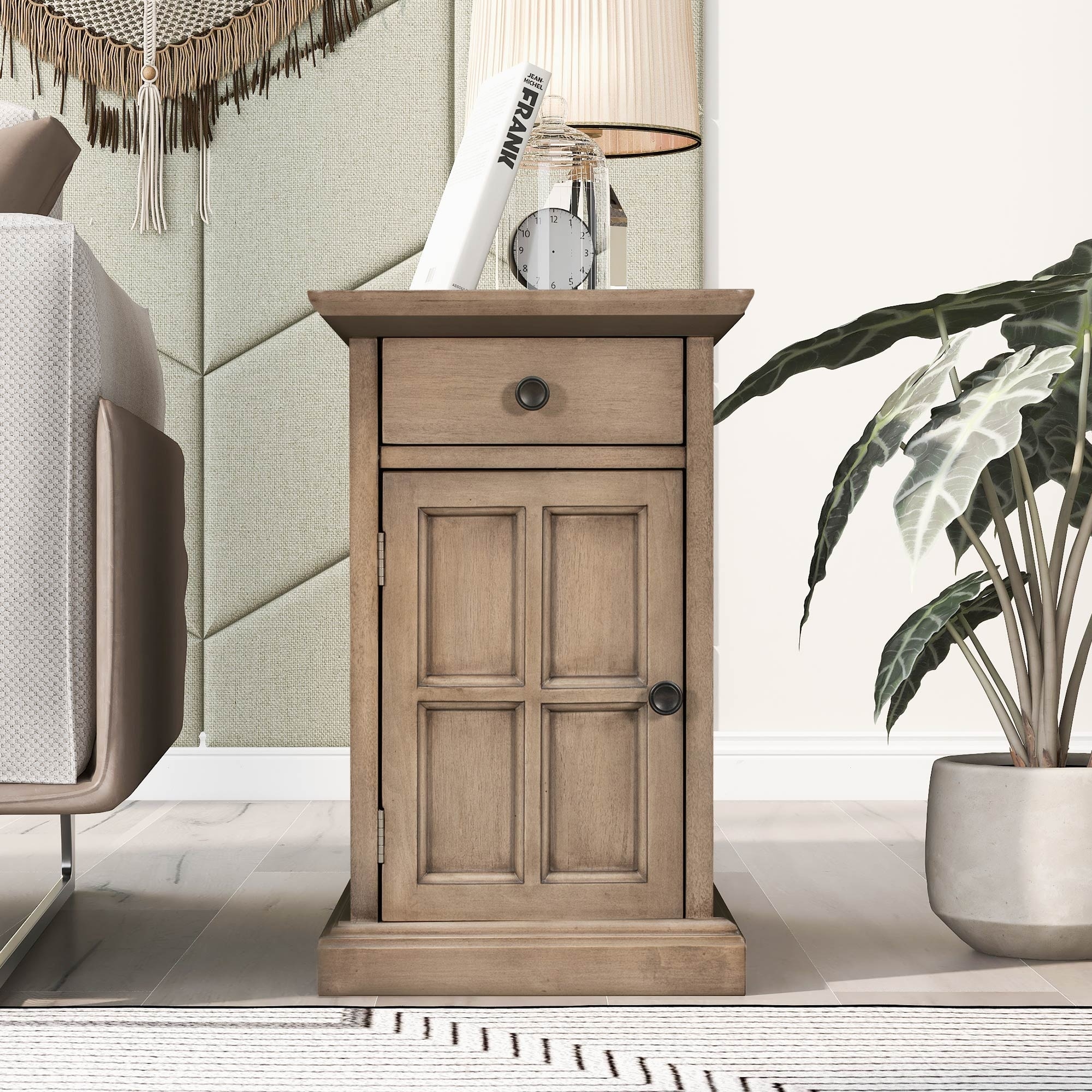 Classic Vintage End Table with USB Ports Multifunctional Drawer and Built-In Cup Holders