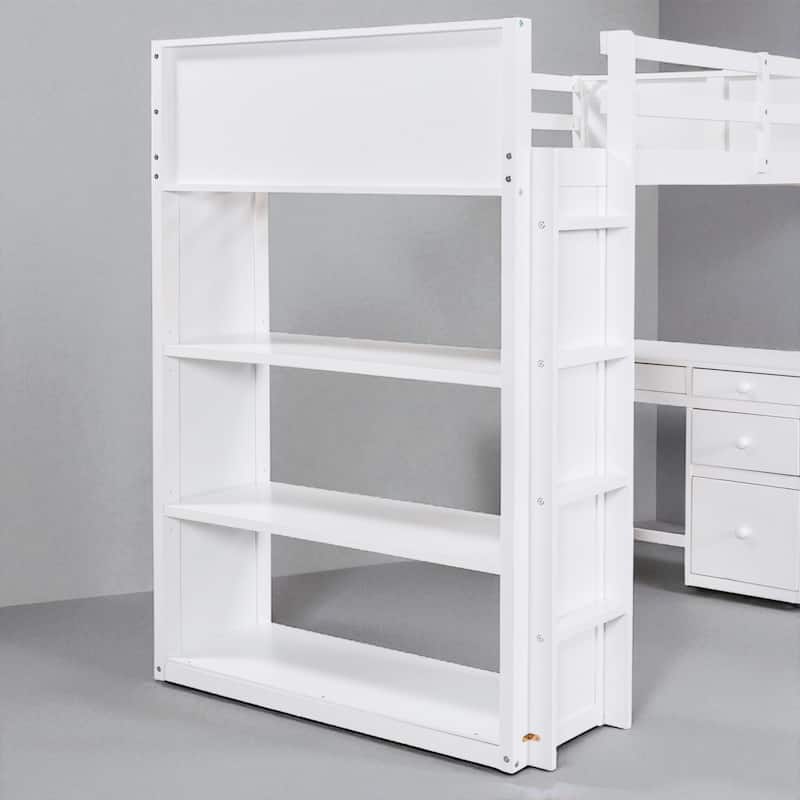 Full/Twin Size Loft Bed with Ladder, Desk, Shelves, and Drawers, Solid Wood Frame for Kids or Teens