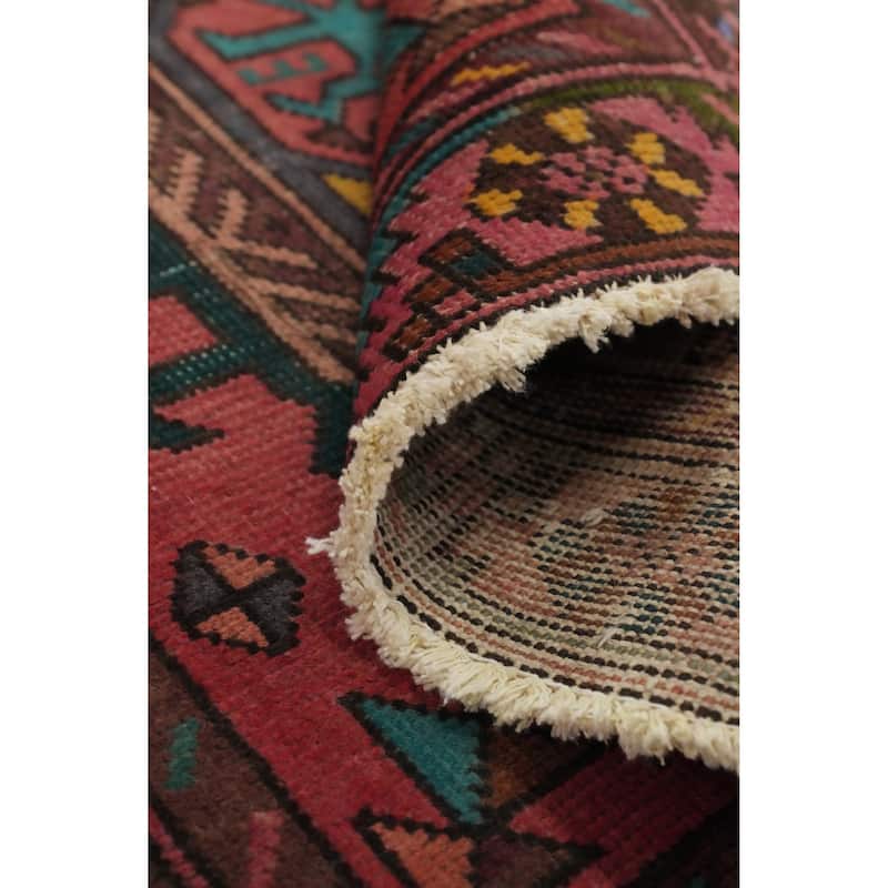 Hand Knotted Oriental 100% Wool Carpet Traditional Geometric Pink Heriz Runner Rug - 12' 2'' X 3' 0''