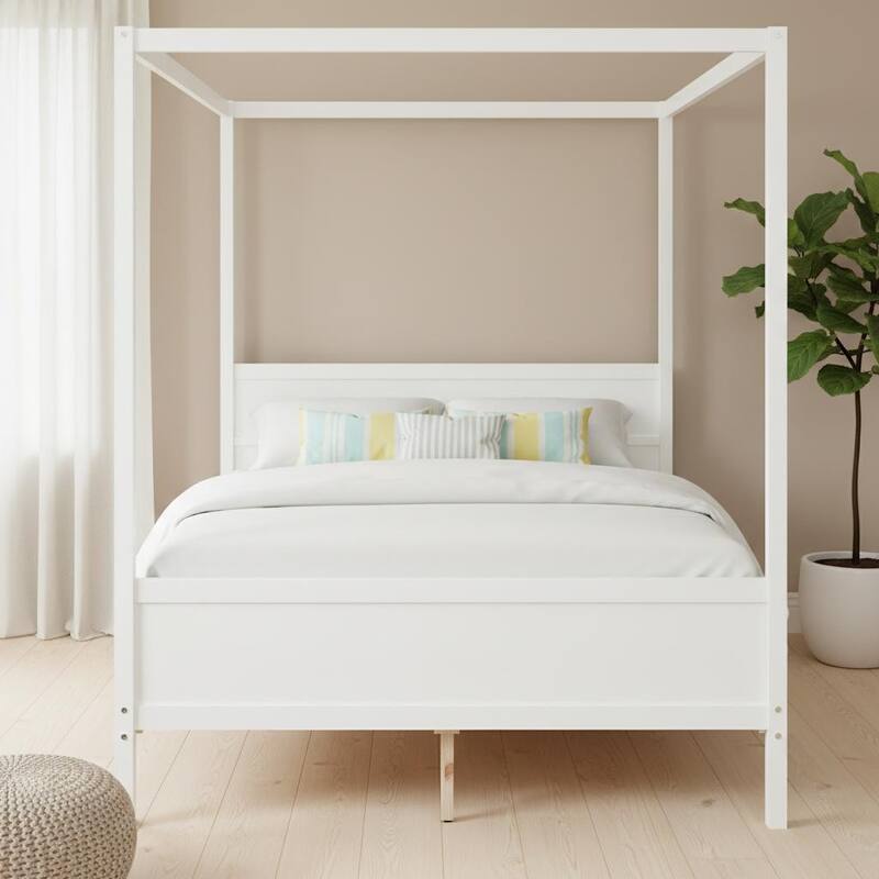 HomeRoots White Inlaid Panels Wood Queen Canopy Bed - Queen