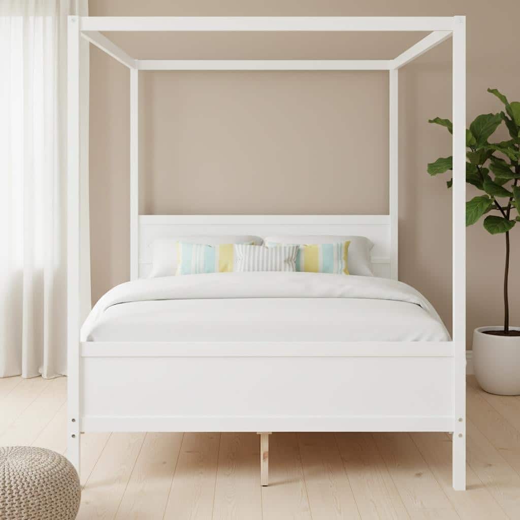 HomeRoots White Inlaid Panels Wood Queen Canopy Bed