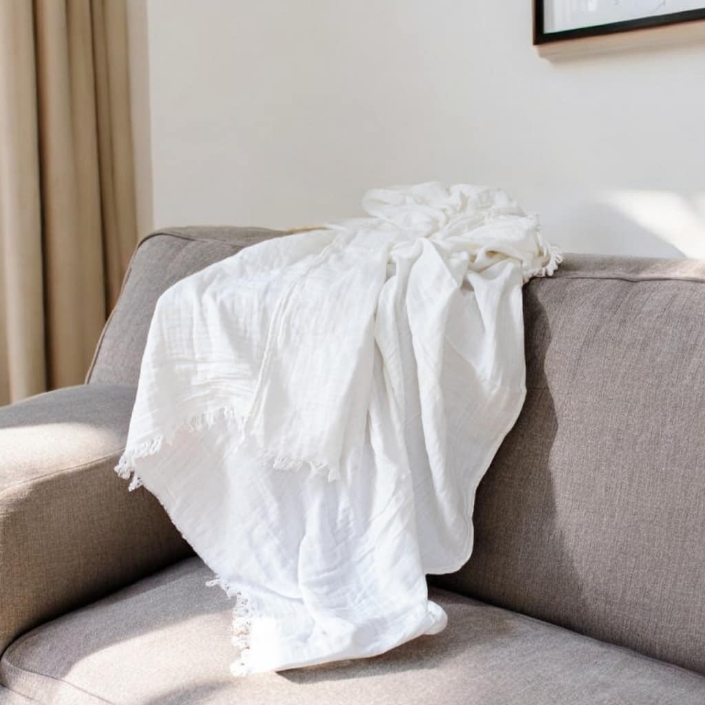 HomeRoots 47" X 60" White Cotton Woven Turkish Towel Throw Blanket with Fringe