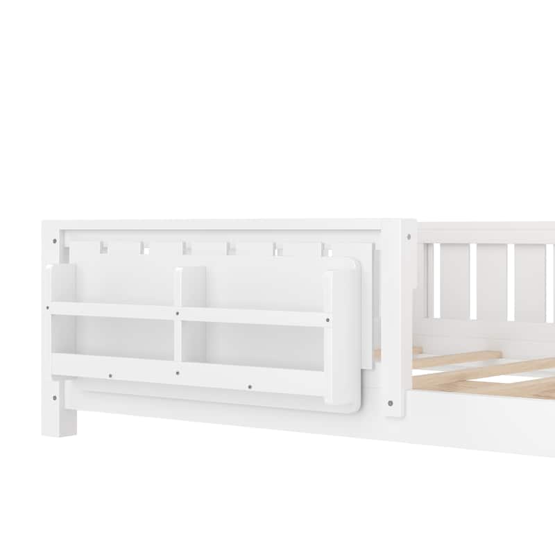 Low Profile Montessori Bed Floor Platform Bed with Fence and Bookshelf
