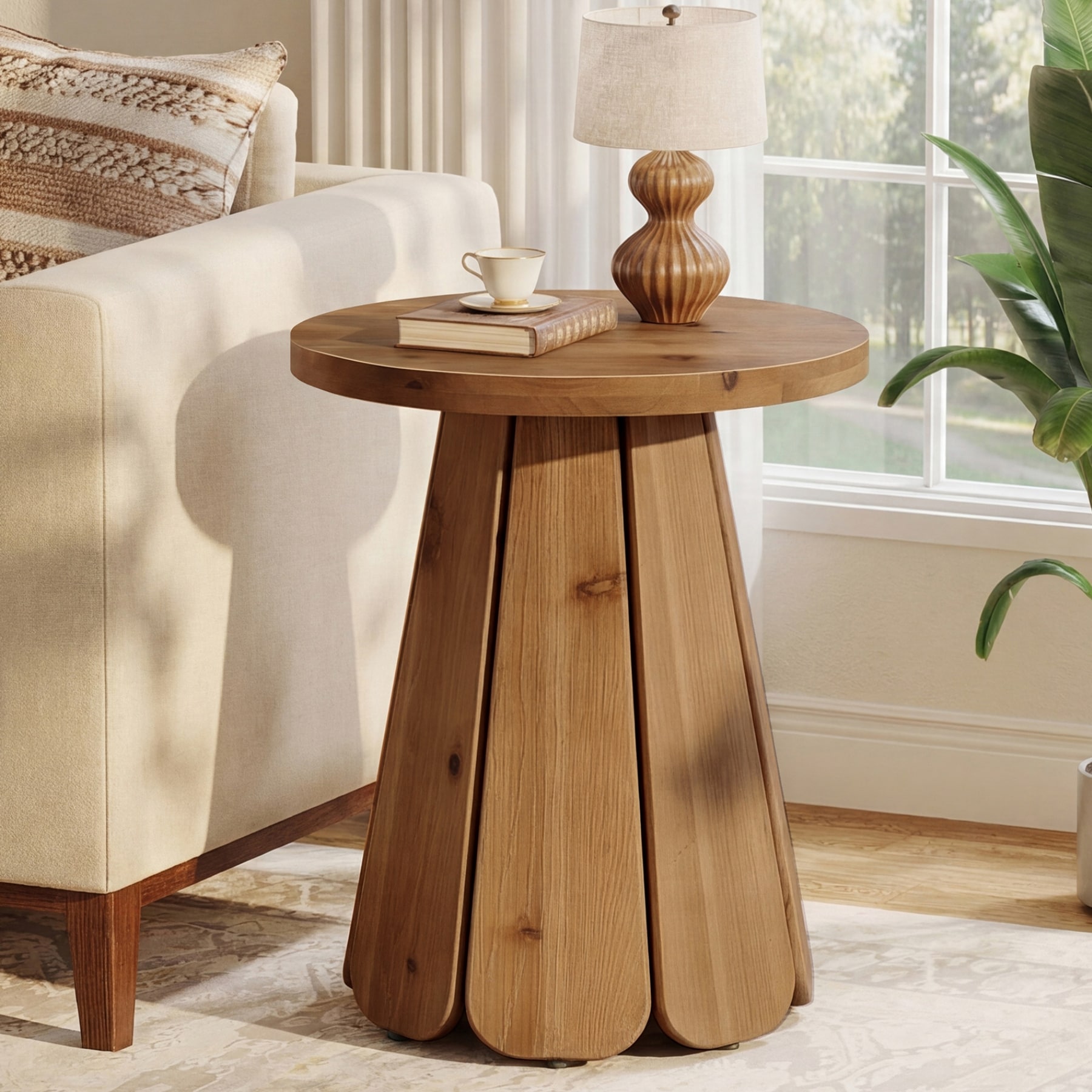 20 Inch Solid Wood End Table for Living Room, Round Side Table for Bedroom