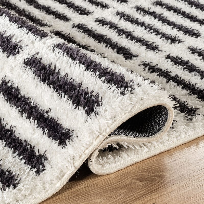 Bohemian Stripe Lines Shag Rug - Textured Surface - Anthracite Dark Gray - Easy to Clean