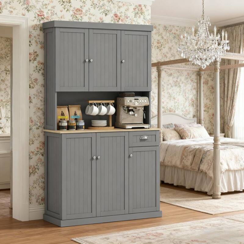 Large Kitchen Pantry Cabinet, 70.8" Wood Hutch Cabinet with Storage Drawers, Farmhouse Food Pantry with Microwave Stand - Gray,Oak