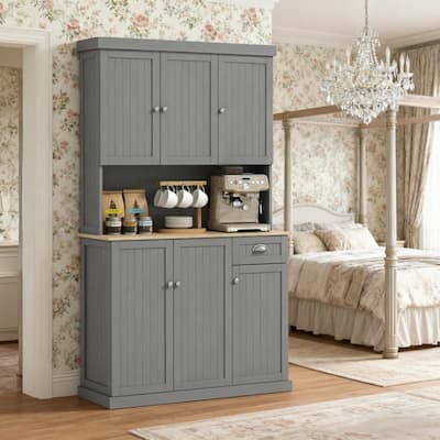 Large Kitchen Pantry Cabinet, 70.8" Wood Hutch Cabinet with Storage Drawers, Farmhouse Food Pantry with Microwave Stand