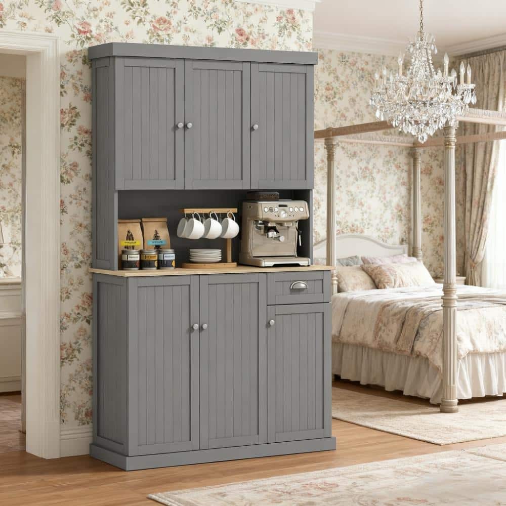 Large Kitchen Pantry Cabinet, 70.8" Wood Hutch Cabinet with Storage Drawers, Farmhouse Food Pantry with Microwave Stand
