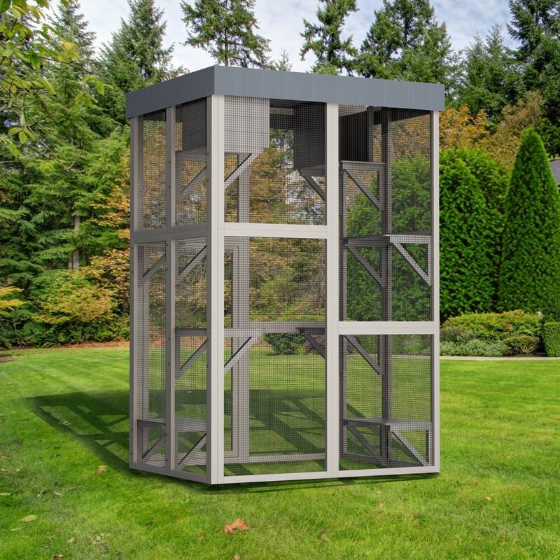70.5"H Wood Catio Outdoor Cat Enclosure, Cat House Large Solid Wood Cage Playpen with 2 Napping Houses, Movable Tarp Cover