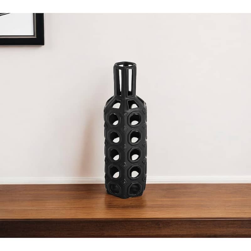 12" Black Ceramic Pierced Geometric Cylinder Table Vase - 4" x 4" x 12"