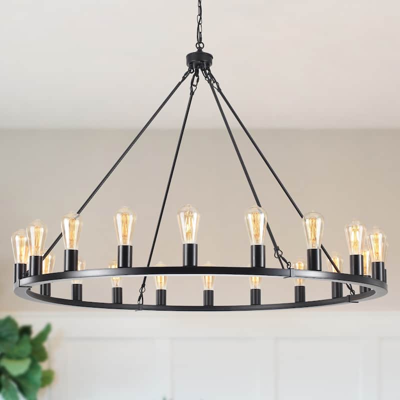 20-Light Round Rustic Wagon Wheel Chandelier, Farmhouse Chandelier, Dining Room Living Room Bedroom Kitchen Light Fixture - Black