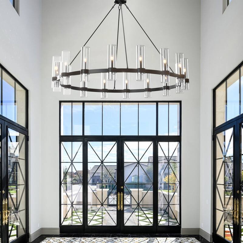 Modern Farmhouse Chandelier Black Wagon Wheel Chandelier with Clear Glass Shade