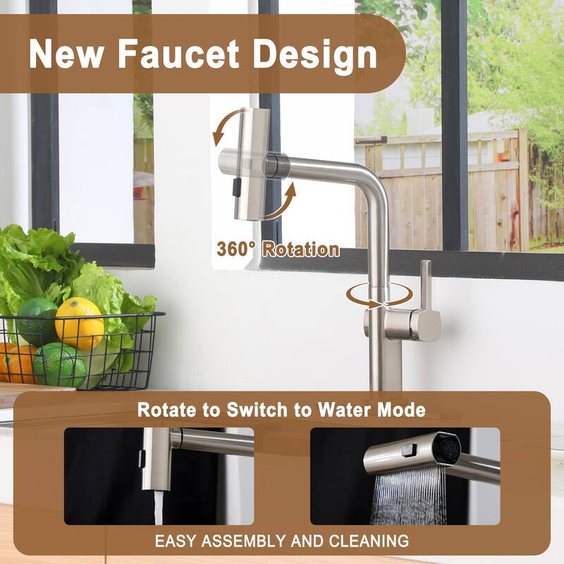 Single Handle Pull Out Sprayer Kitchen Faucet with 3 Functions Spray, 360° swivel