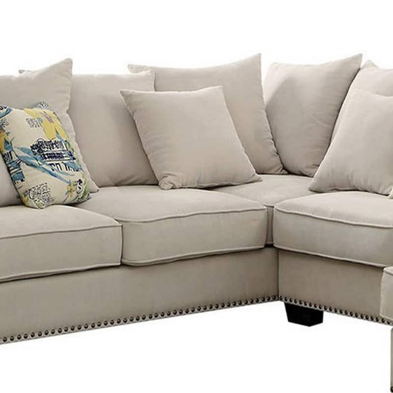 Nailhead Trim Fabric Upholstered Sectional Sofa with Rolled Armrests, Beige