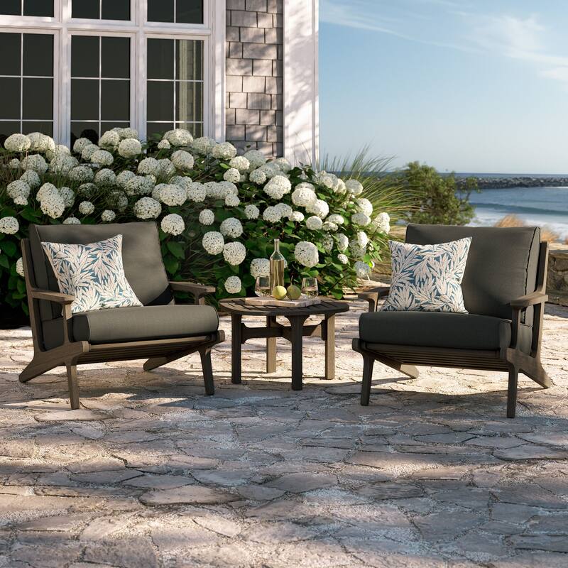 Saratoga 3-Piece Outdoor Patio Teak Wood Furniture Set with Lounge Chairs and Side Table - Weathered Gray White