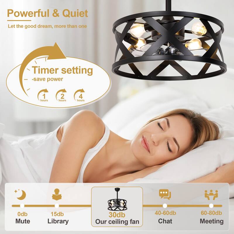 Cusp Barn 20" Farmhouse Caged Ceiling Fan with Lights and Remote, Industrial Black Fandelier, 6-speed Quiet DC Motor Ceiling Fan